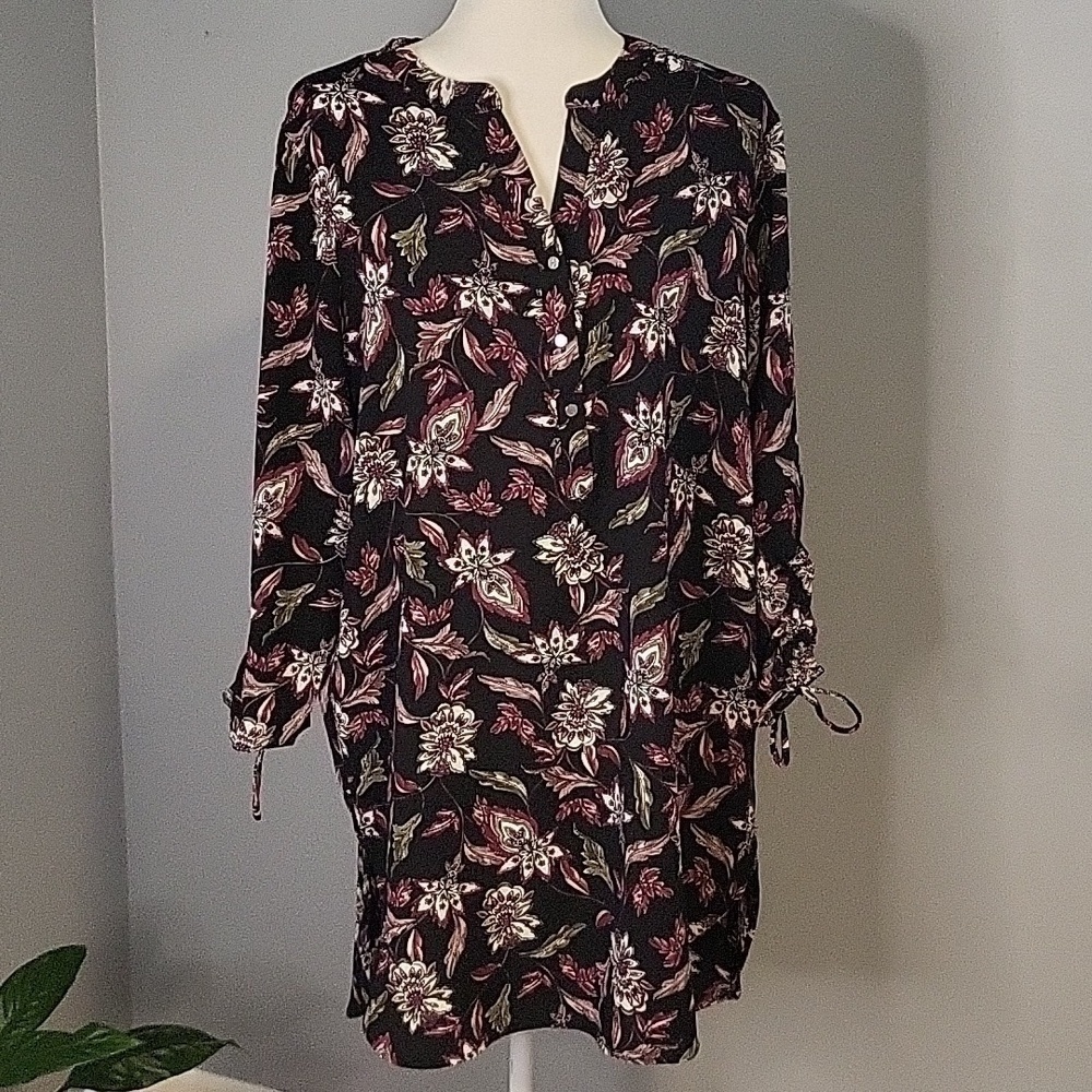 Roz & Ali Black Floral Tunic Pullover Button Down Hi Low Shirt Dress - Size L